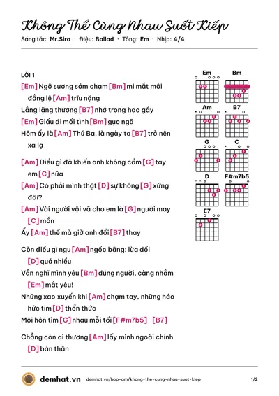 Hợp âm Không Thể Cùng Nhau Suốt Kiếp (Hòa Minzy) – bản nhạc PDF trang 1, tông Em