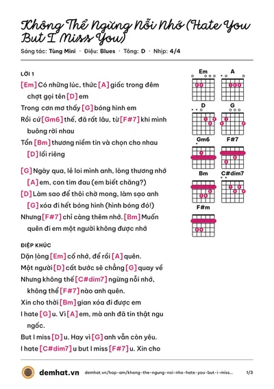 Hợp âm Không Thể Ngừng Nỗi Nhớ (Hate You But I Miss You) (Tùng Mini) – bản nhạc PDF trang 1, tông D