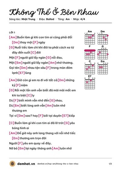 Hợp âm Không Thể Ở Bên Nhau (AXN) – bản nhạc PDF trang 1, tông Am