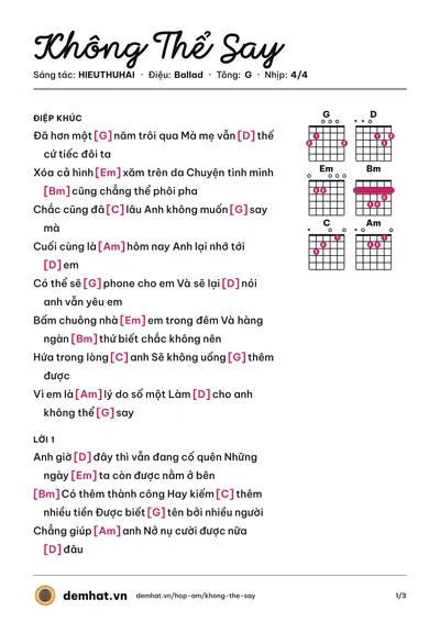 Hợp âm Không Thể Say (HIEUTHUHAI) – bản nhạc PDF trang 1, tông G