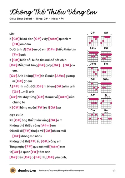 Hợp âm Không Thể Thiếu Vắng Em (Ưng Đại Vệ) – bản nhạc PDF trang 1, tông C#