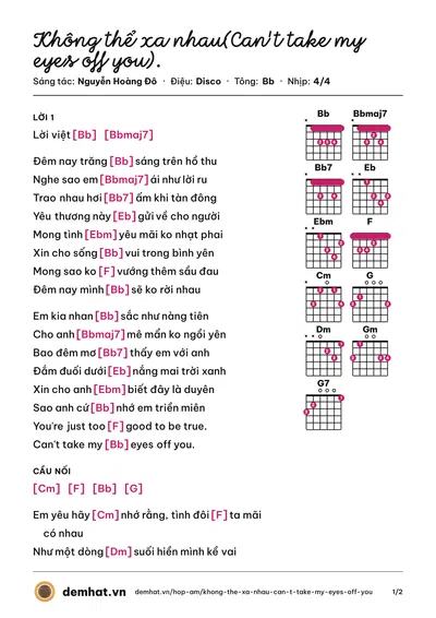 Hợp âm Không thể xa nhau(Can't take my eyes off you). (Mạnh Tuấn) – bản nhạc PDF trang 1, tông Bb