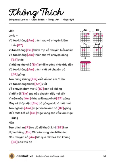 Hợp âm Không Thích (Low G) – bản nhạc PDF trang 1, tông Am