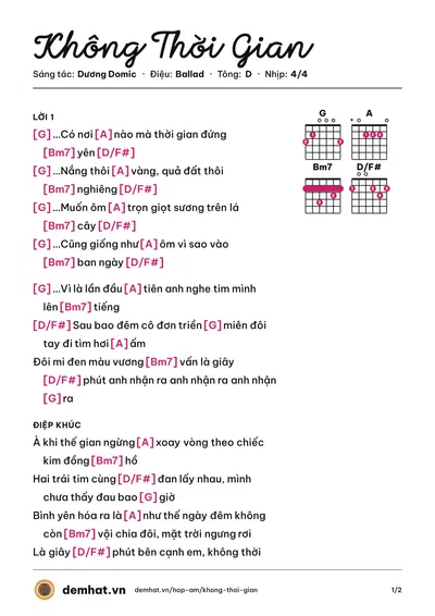 Hợp âm Không Thời Gian (Dương Domic) – bản nhạc PDF trang 1, tông D