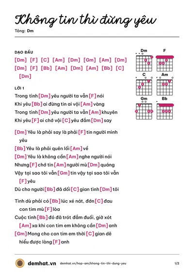 Hợp âm Không tin thì đừng yêu (Lâm Chấn Khang) – bản nhạc PDF trang 1, tông Dm