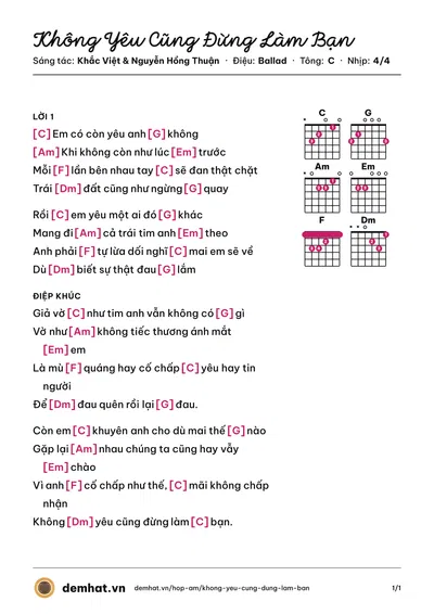 Hợp âm Không Yêu Cũng Đừng Làm Bạn (Khắc Việt) – bản nhạc PDF trang 1, tông C