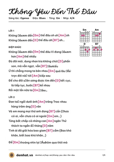 Hợp âm Không Yêu Đến Thế Đâu (Ogenus) – bản nhạc PDF trang 1, tông Em