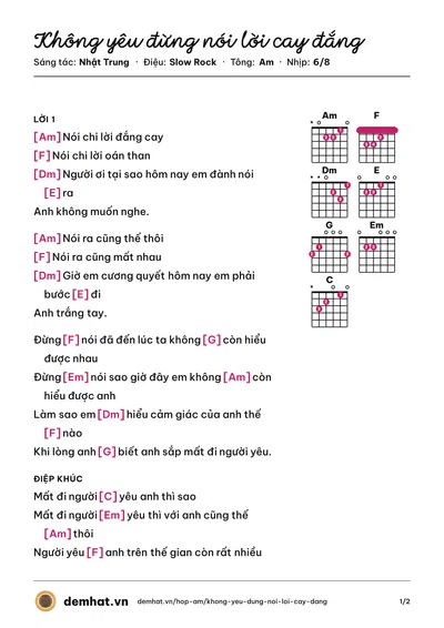 Hợp âm Không yêu đừng nói lời cay đắng (AXN) – bản nhạc PDF trang 1, tông Am