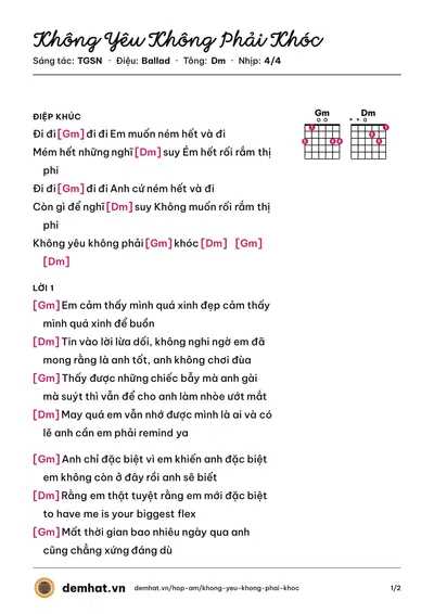 Hợp âm Không Yêu Không Phải Khóc (TGSN) – bản nhạc PDF trang 1, tông Dm