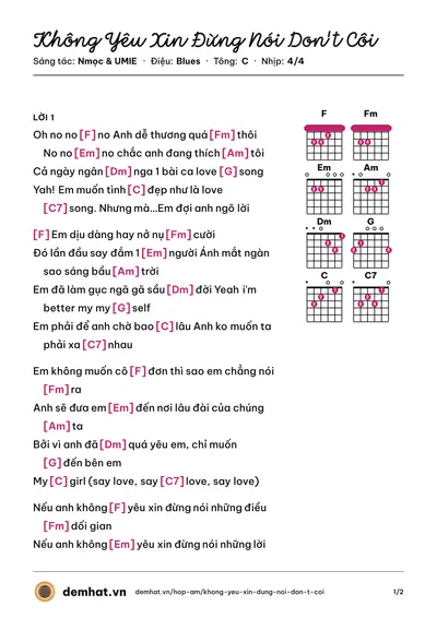 Hợp âm Không Yêu Xin Đừng Nói Don't Côi (UMIE) – bản nhạc PDF trang 1, tông C
