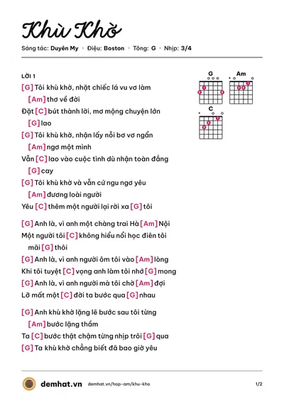 Hợp âm Khù Khờ (Duyên My) – bản nhạc PDF trang 1, tông G