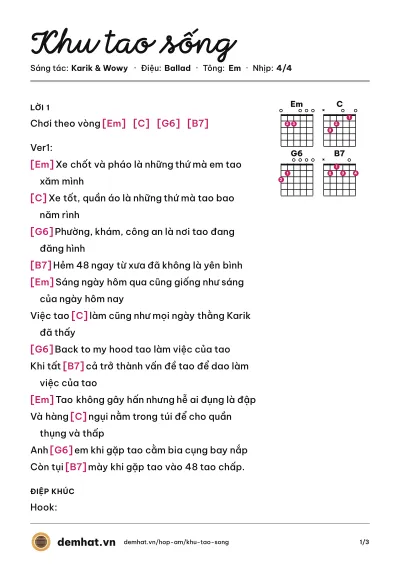 Hợp âm Khu tao sống (Karik) – bản nhạc PDF trang 1, tông Em