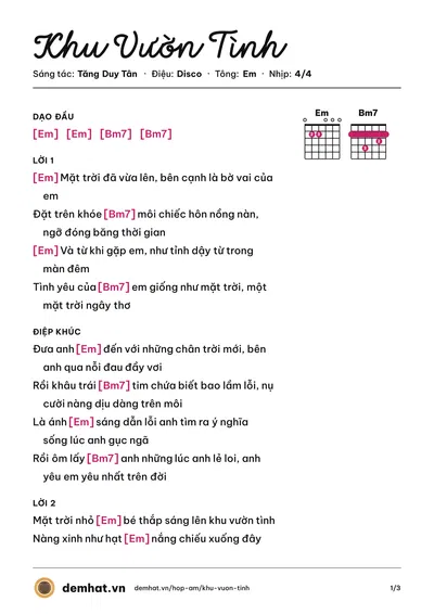 Hợp âm Khu Vườn Tình (Tăng Duy Tân) – bản nhạc PDF trang 1, tông Em
