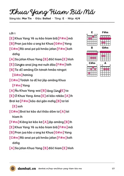 Hợp âm Khua Yang Hiam Biă Mă (Mar Tin) – bản nhạc PDF trang 1, tông E