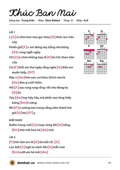 Hợp âm Khúc Ban Mai (Lam Trường) – bản nhạc PDF trang 1, tông C
