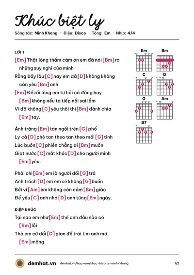 Hợp âm Khúc biệt ly (Minh Khang) – bản nhạc PDF trang 1, tông Em