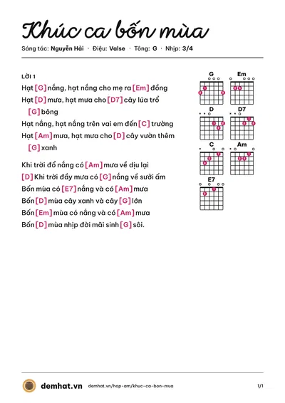 Hợp âm Khúc ca bốn mùa (Nguyễn Hải) – bản nhạc PDF trang 1, tông G