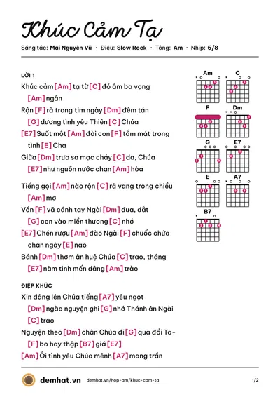 Hợp âm Khúc Cảm Tạ (Lm. JB. Nguyễn Sang) – bản nhạc PDF trang 1, tông Am