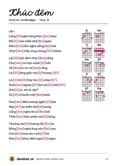 Hợp âm Khúc đêm (Kim Khánh) – bản nhạc PDF trang 1, tông G