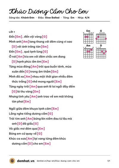 Hợp âm Khúc Dương Cầm Cho Em (Lý Hải) – bản nhạc PDF trang 1, tông Em