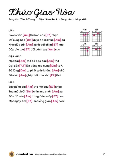 Hợp âm Khúc Giao Hòa (Hồng Tước) – bản nhạc PDF trang 1, tông Am