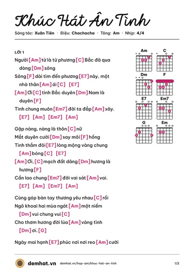 Hợp âm Khúc Hát Ân Tình (Hà Thanh Xuân) – bản nhạc PDF trang 1, tông Am