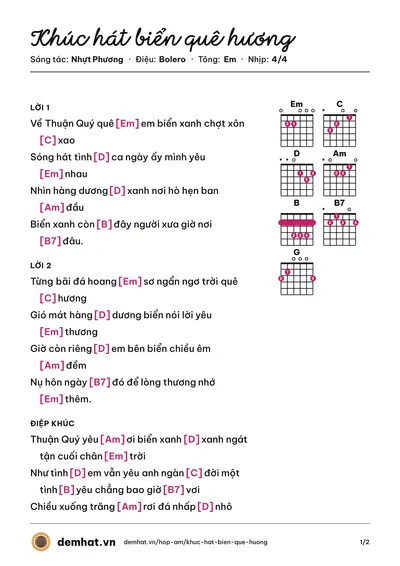 Hợp âm Khúc hát biển quê hương (Hồng Quyên) – bản nhạc PDF trang 1, tông Em