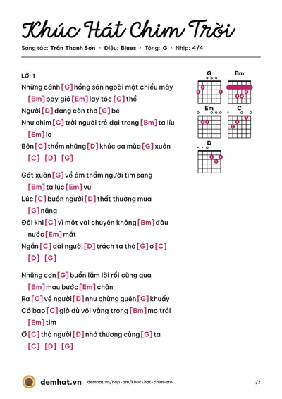 Hợp âm Khúc Hát Chim Trời (Hà Anh Tuấn) – bản nhạc PDF trang 1, tông G