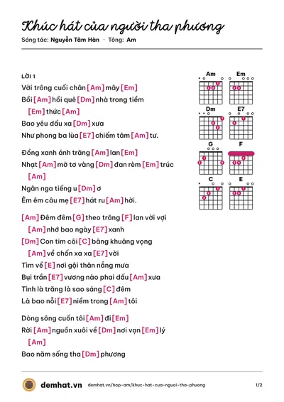Hợp âm Khúc hát của người tha phương (Nguyễn Tâm Hàn) – bản nhạc PDF trang 1, tông Am
