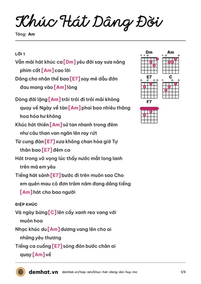 Hợp âm Khúc Hát Dâng Đời (Huy MC) – bản nhạc PDF trang 1, tông Am