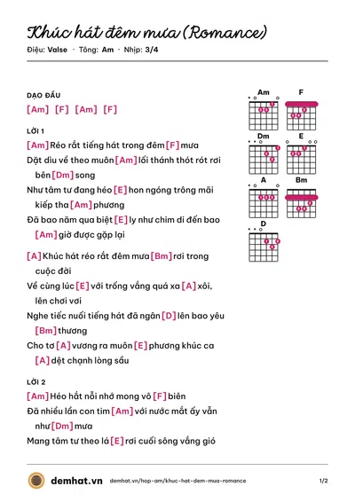 Hợp âm Khúc hát đêm mưa (Romance) (Quỳnh Lan) – bản nhạc PDF trang 1, tông Am