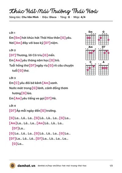 Hợp âm Khúc Hát Mái Trường Thái Hoà (Kiều Anh) – bản nhạc PDF trang 1, tông G