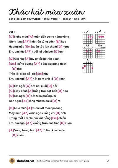 Hợp âm Khúc hát mùa xuân (Lâm Thùy Giang) – bản nhạc PDF trang 1, tông D