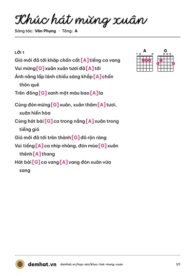 Hợp âm Khúc hát mừng xuân (Văn Phụng) – bản nhạc PDF trang 1, tông A