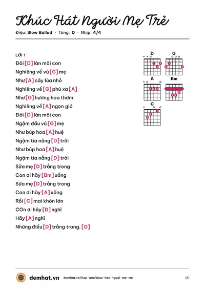 Hợp âm Khúc Hát Người Mẹ Trẻ (Xuân Mai) – bản nhạc PDF trang 1, tông D