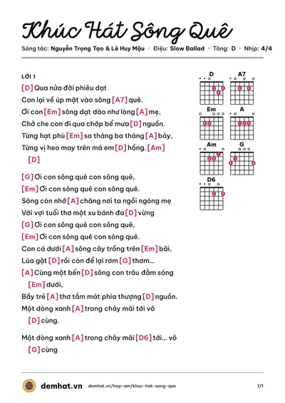 Hợp âm Khúc Hát Sông Quê (Anh Thơ) – bản nhạc PDF trang 1, tông D