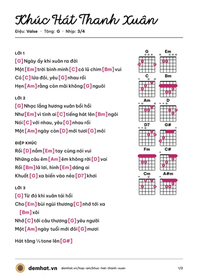 Hợp âm Khúc Hát Thanh Xuân (Trần Thu Hà) – bản nhạc PDF trang 1, tông G