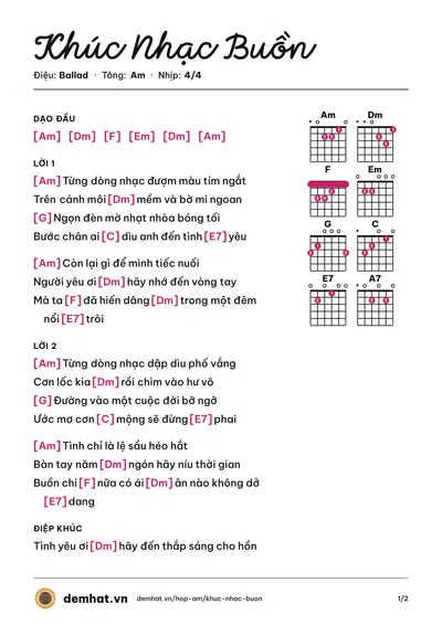 Hợp âm Khúc Nhạc Buồn (Tô Chấn Phong) – bản nhạc PDF trang 1, tông Am