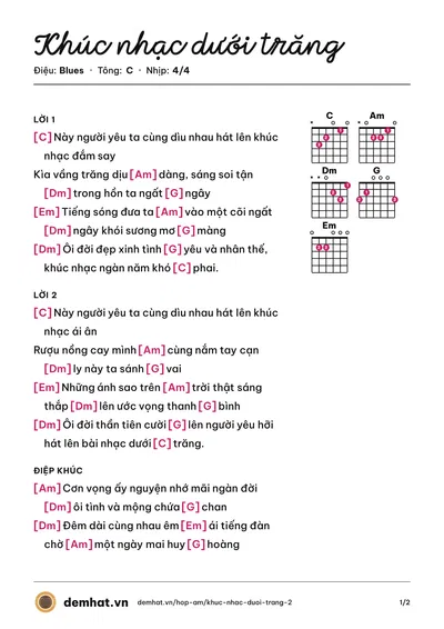Hợp âm Khúc nhạc dưới trăng – bản nhạc PDF trang 1, tông C