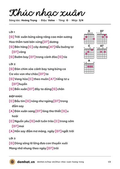 Hợp âm Khúc nhạc xuân (Hoàng Trọng) – bản nhạc PDF trang 1, tông G