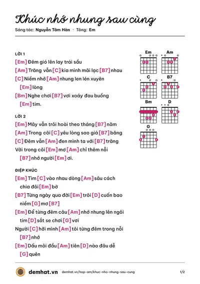 Hợp âm Khúc nhớ nhung sau cùng (Nguyễn Tâm Hàn) – bản nhạc PDF trang 1, tông Em