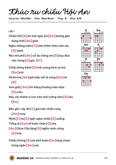 Hợp âm Khúc ru chiều Hội An (Lệ Hồng) – bản nhạc PDF trang 1, tông G