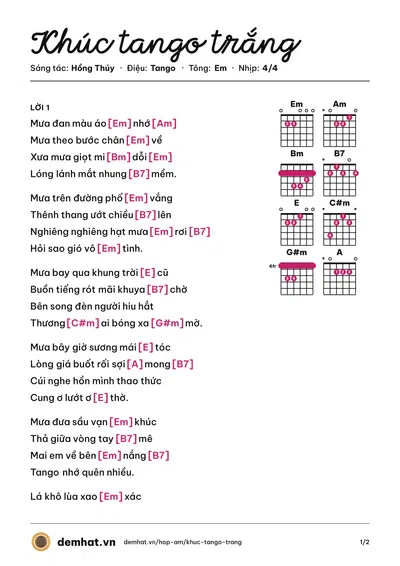 Hợp âm Khúc tango trắng (Tâm Thư) – bản nhạc PDF trang 1, tông Em