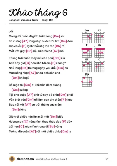 Hợp âm Khúc tháng 6 (Lan Phương) – bản nhạc PDF trang 1, tông Dm