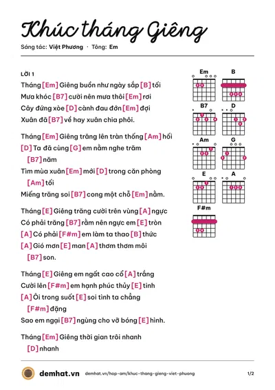 Hợp âm Khúc tháng Giêng (Nguyễn Quang) – bản nhạc PDF trang 1, tông Em