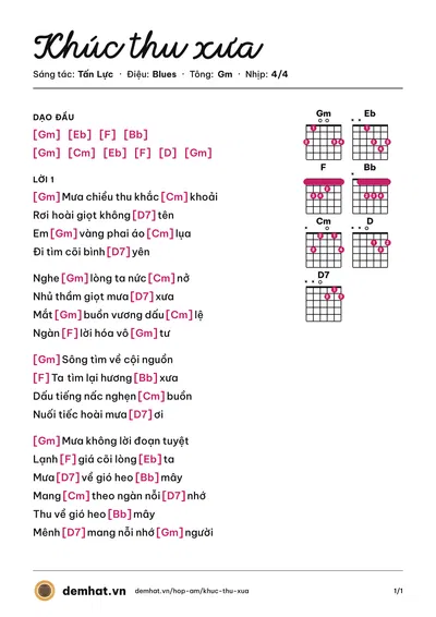 Hợp âm Khúc thu xưa (Tấn Lực) – bản nhạc PDF trang 1, tông Gm