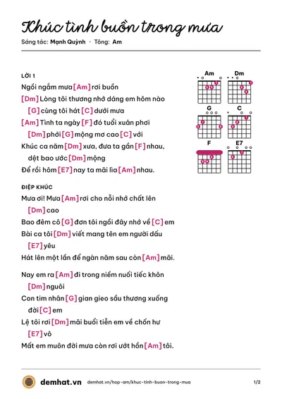 Hợp âm Khúc tình buồn trong mưa (Mạnh Quỳnh) – bản nhạc PDF trang 1, tông Am