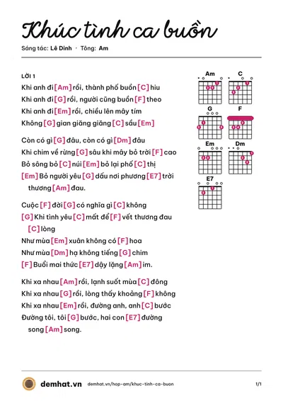 Hợp âm Khúc tình ca buồn (Minh Thảo) – bản nhạc PDF trang 1, tông Am
