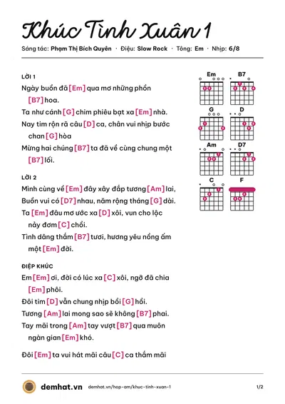 Hợp âm Khúc Tình Xuân 1 (Quốc Phú) – bản nhạc PDF trang 1, tông Em