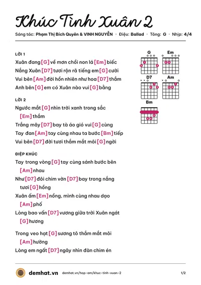 Hợp âm Khúc Tình Xuân 2 (Quốc Phú) – bản nhạc PDF trang 1, tông G